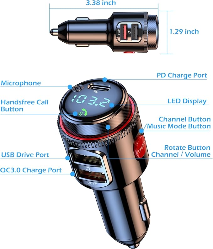 Bluetooth Car Adapter, Wireless AUX FM Transmitter, USB C&QC3.0 Dual Fast Charging, Cigarette Lighter Radio Music, Supports Hands-Free Siri Google Assistant & USB Drive, HiFi Bass Sound