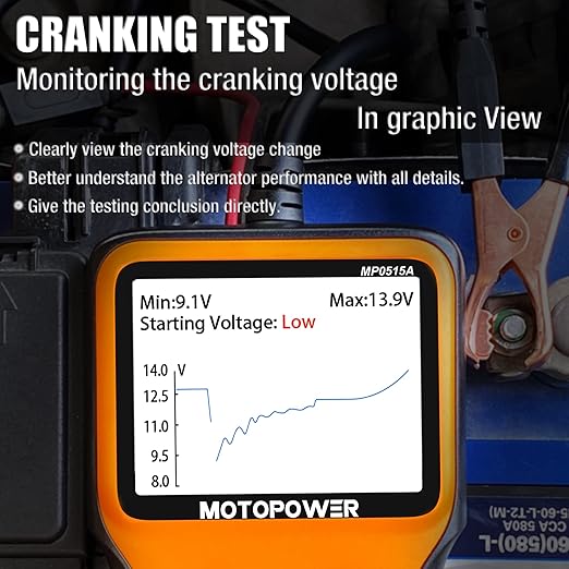 MOTOPOWER MP0515A 12V Car Battery Tester Automotive 100-2000 CCA Battery Load Tester Auto Cranking and Charging System Tester