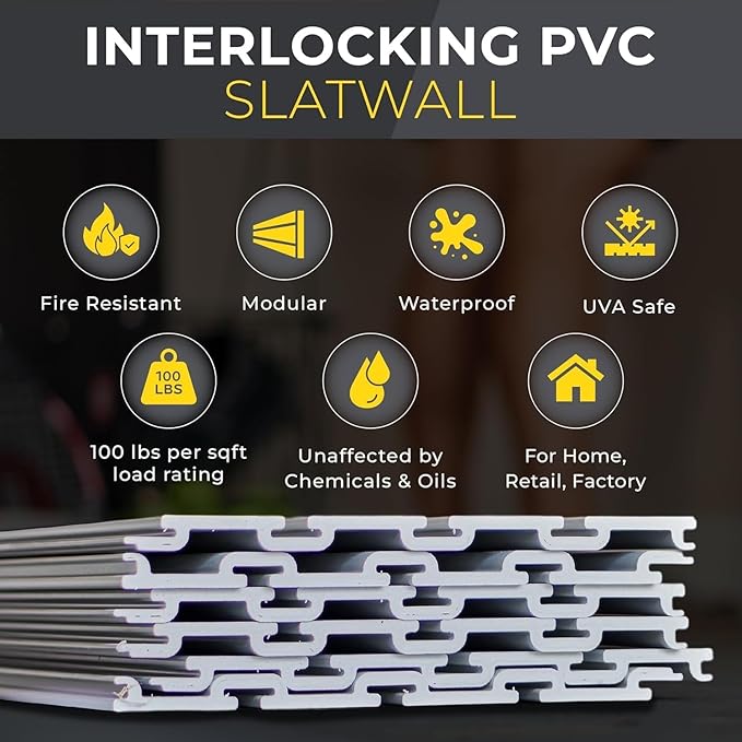 Slatwall Panel Garage Wall Organizer: Heavy Duty Wall Mounted PVC Wall Rack, Interlocking Slat Wall Paneling for Garage Wall Storage, Slatwall Board, Slatwall Shelves System -Black (8’H x 4’W)