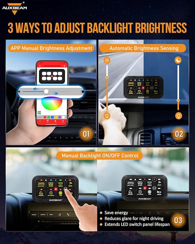 Auxbeam 8 Gang Switch Panel Bluetooth AR-800 RGB Switch Pod with Backlit Off Toggle Momentary Pulsed Auxiliary Switch Panel for Truck SUV ATV Marine RV Multifunction 12-24V Waterproof 2 Years Warranty