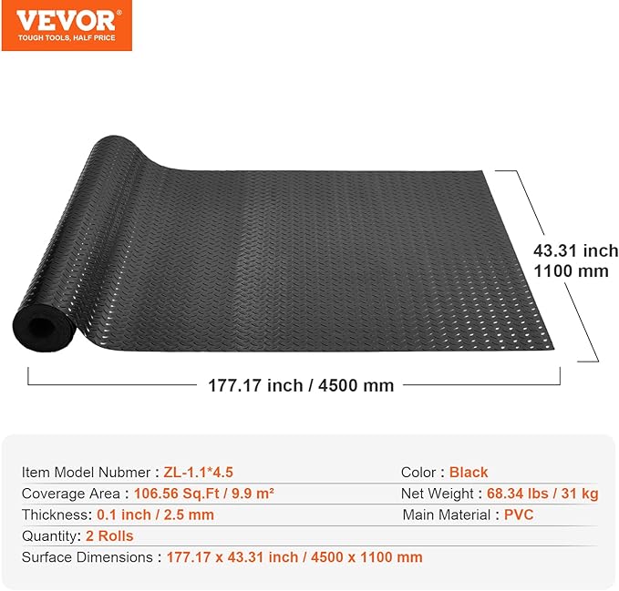 VEVOR Floor Mats, 2 Rolls x 14.7 x 3.6 Ft PVC Flooring Roll, Non-Slip Diamond Texture, 123.14 sq.ft Covering Space, Black Mats for Under Cars, Garage Industry Gym
