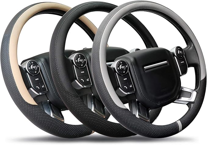 COFIT Breathable Car Steering Wheel Cover 16 inch Auto Universal Leather Wrap Non-Slip Steeringwheel Protector Automotive Interior Accessories, Beige (Suit for 15.5-16 inch)