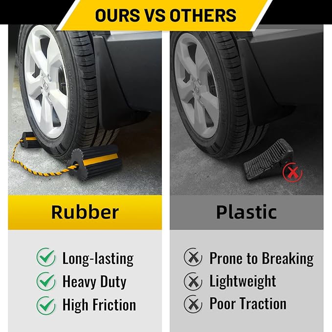 ROBLOCK 2 Pairs Wheel Chocks Heavy-Duty Rubber Wheel Block Non-Slip Base with Nylon Rope Yellow Reflective Tape - 4 Pack Wheel Stopper for Travel Trailers, Car, Camper, Truck, Black