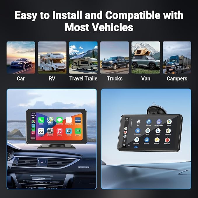Wireless Double Din Car Stereo Compatible with Apple CarPlay and Android Auto,7" HD Portable Bluetooth CarPlay Touch Screen for Car,with Car Play Dash Mount and Backup Camera