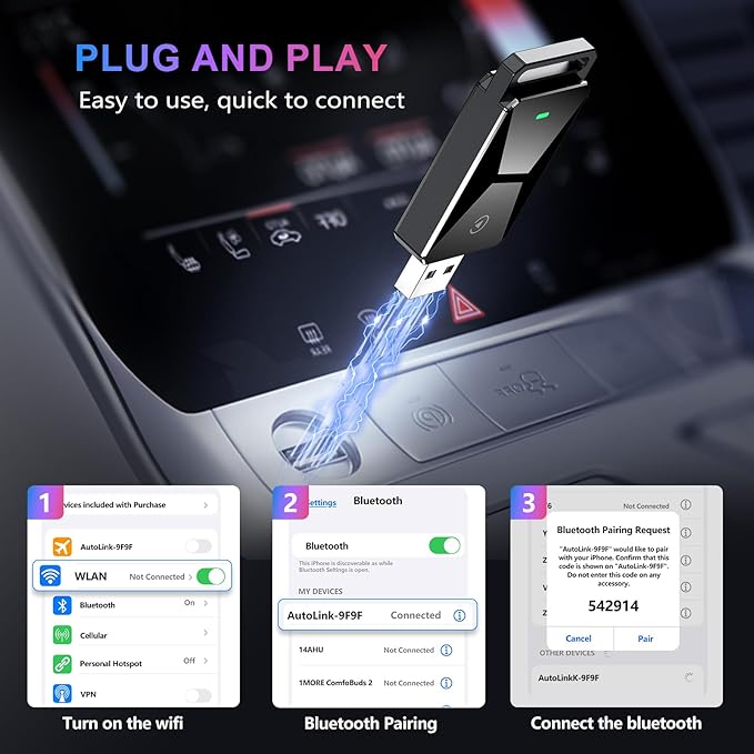 Wireless CarPlay Adapter for Apple CarPlay，Convert Wired to Wireless iPhone CarPlay Adapter，Plug and Play, No Latency, Mini Wireless CarPlay Dongle for Cars from 2016 and iOS 10+ （Black）