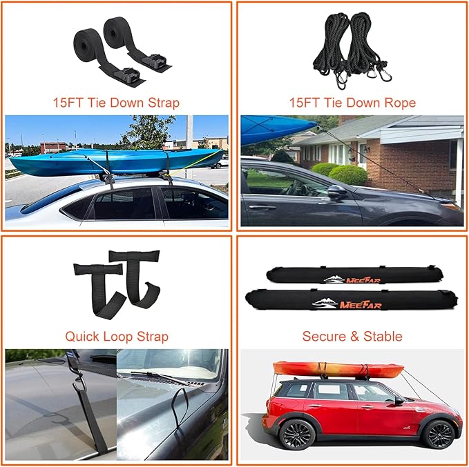 Universal Car Soft Roof Rack Pads Luggage Carrier System for Kayak Surfboard SUP Canoe Include 2 Heavy Duty Tie Down Straps, 2 Tie Down Rope, 2 Quick Loop Strap (Use with Crossbar)