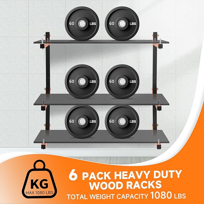 Lumber Rack Wall Mount, Heavy Duty Wood Storage Racks, 9-Level System Garage Shelving, 1080 Lbs Capacity Organizer Shelves, Folding Orange Brackets, 6 Pack Hanging Metal Shelf for Indoor and Outdoor