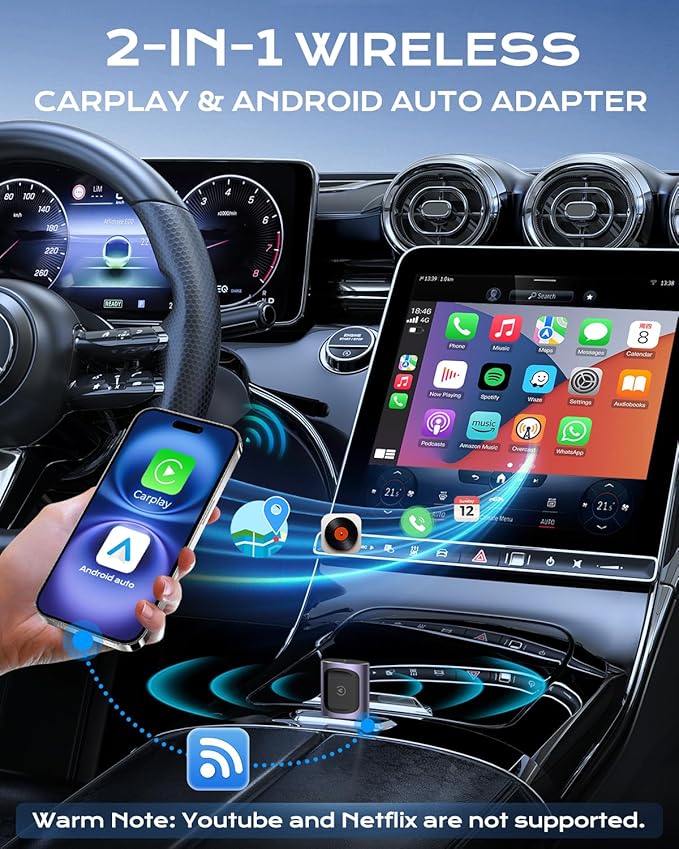 AuroraLink Wireless Carplay & Android Auto Adapter 2-in-1 Stable & No Delay Carplay Wireless Adapter Convert Wired to Wireless Car Play Dongle for iOS 10+/Android 11+ (Purple)