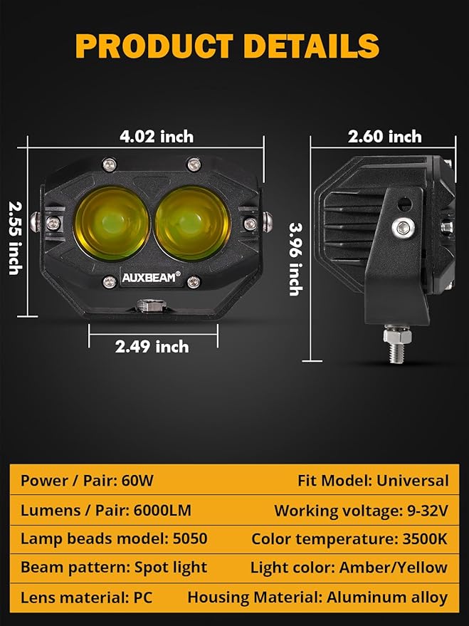 Auxbeam 4 Inch Amber Fog Light, 60W Square Pod With 5050 LED Yellow Spot Lens Beam Offroad Driving for Jeep Motorcycle SUV Trucks Boat (2 Pcs)