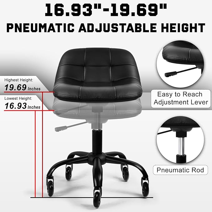 Rolling Stool with Wheels, Garage Shop Stool with Backrest, Roller Seat with Pneumatic Adjustable Height 16.93"-19.69", Heavy Duty Multi-Purpose Chair for Shop Salon Office Home, Black