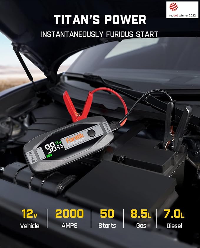 FANTTIK T8 APEX 2000 Amp Jump Starter, 65W Two-Way Fast Charging, for Up to 8.5L Gas and 6L Diesel Engines, Digital Screen, 12V Car Battery Booster Standard Package-Yellow