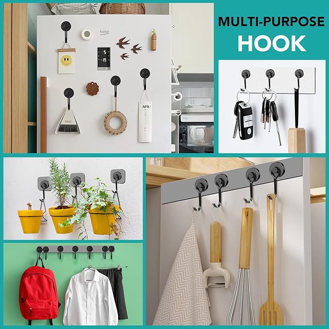 DIYMAG Black Magnetic Hooks, 40LBS Strong Magnetics Heavy Duty, Magnet Hook with Metal Hanger for Hanging Refrigerator Home Kitchen Office, 4Pack