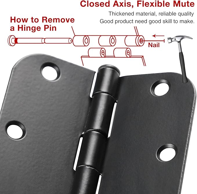 48 Pack Rounded Matte Black Door Hinges 3.5 Inch 5/8" Radius for Interior 3 1/2" Flat Iron Bifold Residential Standard Bedroom Indoor for Doors 3 ½"Hardware House Home Decor Essentials Accessories