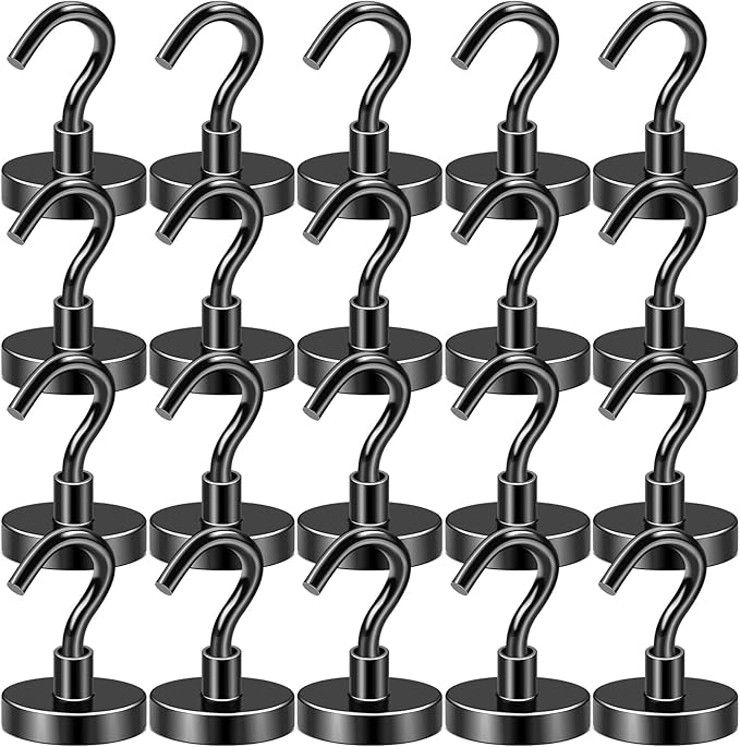 DIYMAG Black Magnetic Hooks, 80 LB Heavy Duty Strong Magnet with Hook, Rare Earth Neodymium Magnets for Hanging, Magnetics Hanger for Curtain, Home, Kitchen, Workplace, 20 Packs