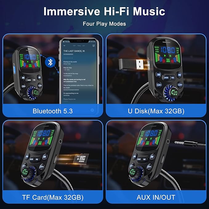 Bluetooth 5.3 FM Transmitter for Car- SOARUN Bluetooth Car Adapter PD30W & USB Port Fast Charge - HiFi Treble & Bass Player - 1.6" Display Hands-Free Calling - Car Radio with AUX Input/Output, TF Card