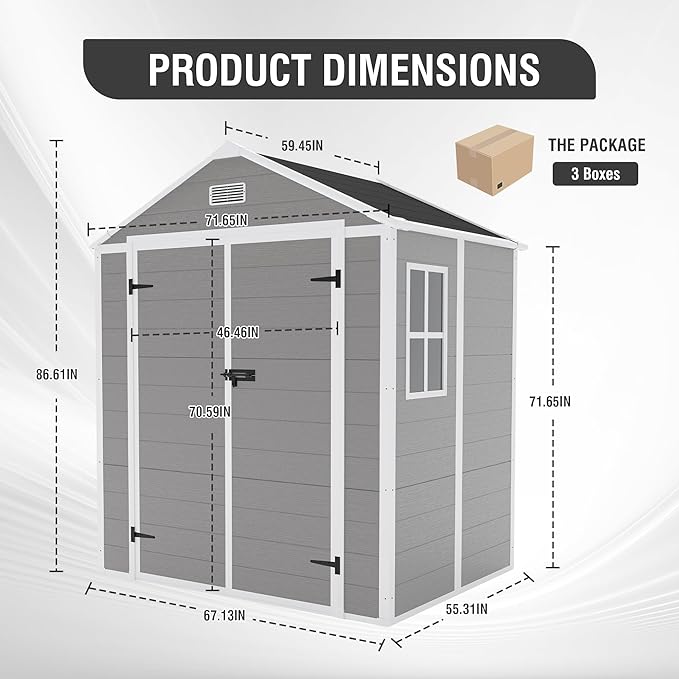 6x5 FT Outdoor Storage Resin Shed with Floor, Waterproof Plastic Garden Tool Shed with Windows, Vents & Lockable Door and Sloped Roof, Easy to Assemble Bike Shed for Patio, Backyard, Lawn, Grey