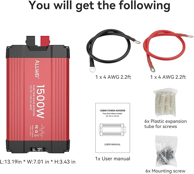 ALLWEI 1500W Pure Sine Wave Inverter 12V DC to 110V AC Converter, Surge 3000W | Power Inverters for Vehicles with 2 AC Outlets, RV Truck Boat Home Outdoor & Off-Grid Solar Inverter, Smart LCD Display