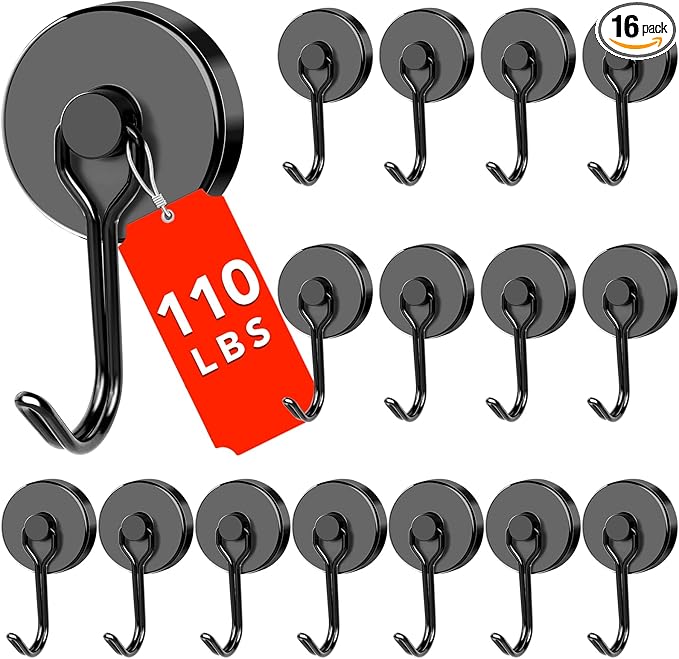 DIYMAG Black Magnetic Hooks, 110LBS Strong Magnetics Heavy Duty, Magnet Hook with Metal Hanger for Hanging Refrigerator Home Kitchen Office, 16Pack