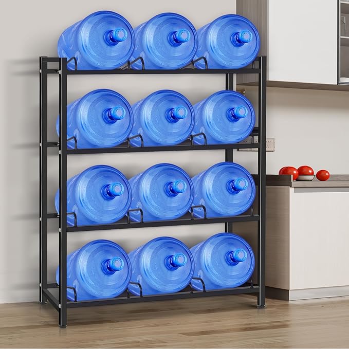 jolybebe 5 Gallon Water Jug Holder for 12 Bottles Without Wobbling, New Upgraded Heavy Duty 4 Tier Thicken Water Bottle Storage Rack for Home, Office, Kitchen, Warehouse, Garages Black