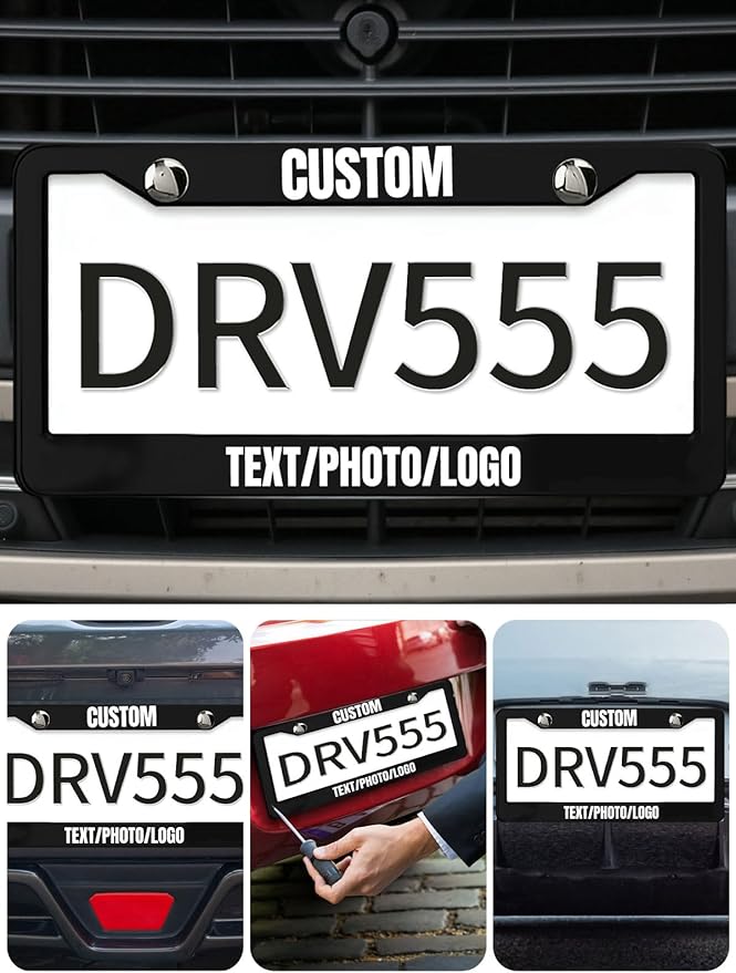 Custom License Plate Frame – Personalized License Plate Holder with Photo & Text – Rust-Proof Aluminum Car Tag Cover for Front/Rear, Car Accessory for Men & Women, Includes Screws, 12"x6" (2 Holes)