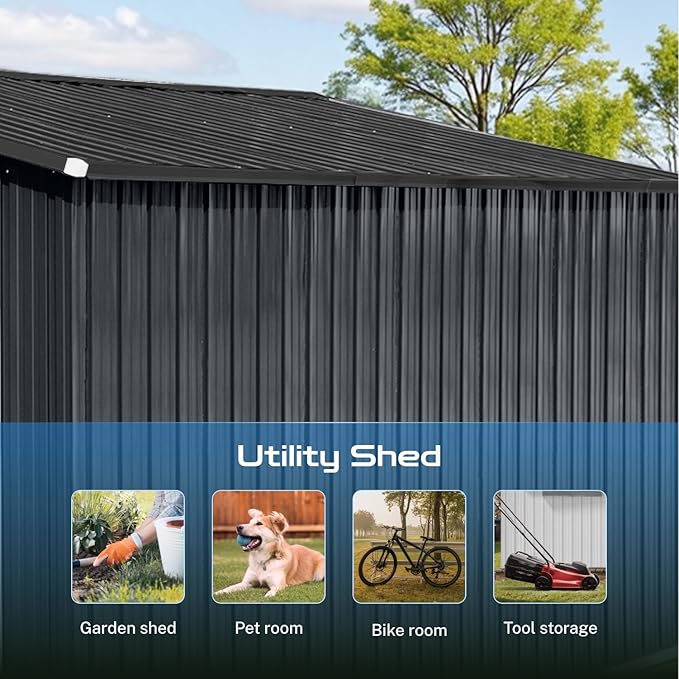 10 x 12 FT Outdoor Storage Shed, Metal Garden Tool Shed with Slooping Roof, Lockable Doors and Windows, Easy to Assemble for Garden, Patio, Lawn, Black