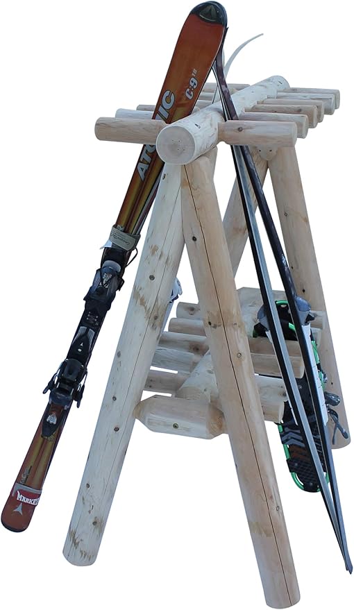 21-Place Freestanding Log Ski Rack Holder, Indoor & Outdoor Snowboard Racks, Standing Storage, Garage Racks for Snow Skis & Poles, Snowboard Rack Garage Storage Organizer - Natural + 15" Anchor Kit