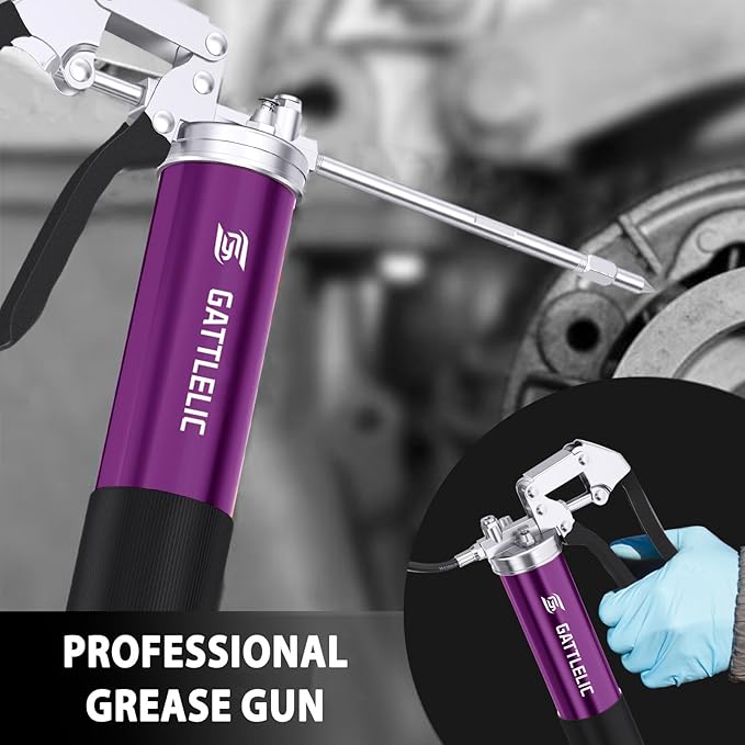 8000 PSI Heavy Duty Grease Gun Kit - 14oz with Flex Hose, Sharp Nozzle, Extension Pipe & Coupler, Purple