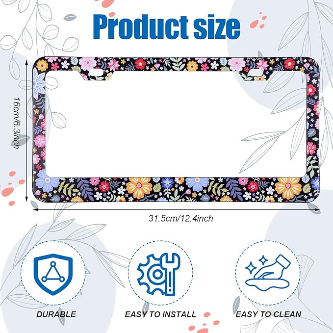 Flower License Plate Frame 2 Pcs Personalized Colorful Floral License Plate Frames with 2 Holes Screws Stainless Steel Car Plates Frame Universal Size: 12.4x6.3in Auto Parts Decoration