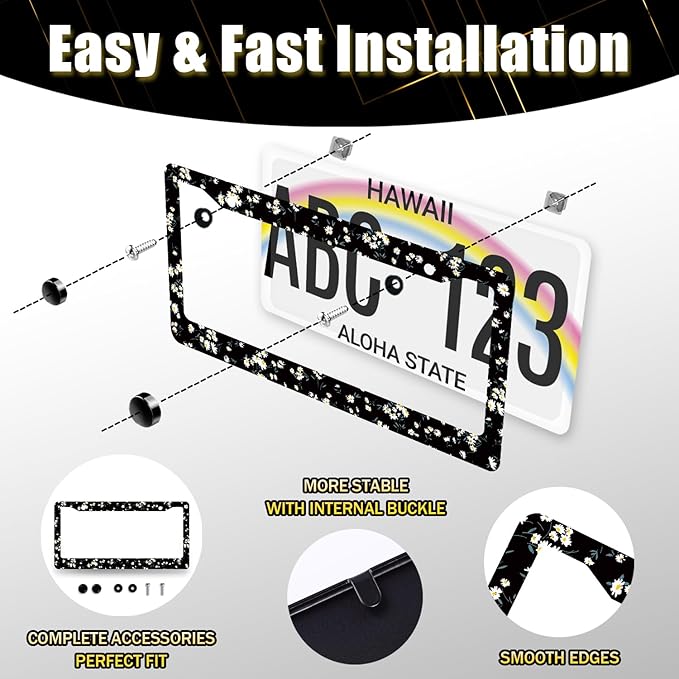 Daisy License Plate Frame Watercolor Daisies Flower License Plate Holder Stainless Steel Funny Design with 2 Holes and Screws 12.3" x 6.3"