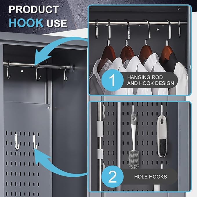 GREATMEET 65" Broom Storage Cabinet, Metal Utility Closet for Brooms and Mops, Cleaning Supply Cabinet with Pegboard, Multifunctional Metal Garage Mop Storage Closet, Grey