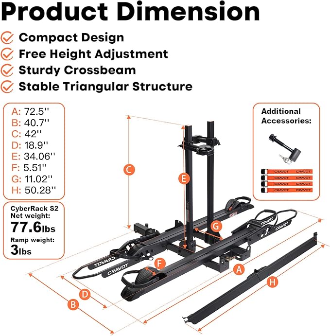 CyberRack S2 Ebike Rack, 300 lbs Capacity Foldable Bike Racks for Tow Hitch Heavy Electric Bike Carrier for 2 E-Bike, Up to 5-inch Fat Tire 2'' Receiver