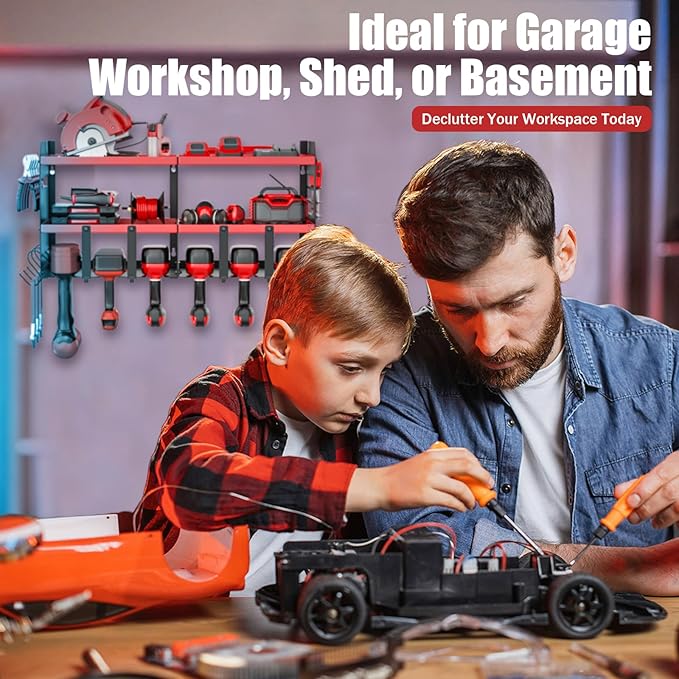 Power Tool Organizer Wall Mount with 6 Drill Holders, Heavy Duty Metal Utility Racks with Large Top Shelf & Side Hooks, Efficient and Organized Storage for Garage, Workshop, Shed, Pegboard