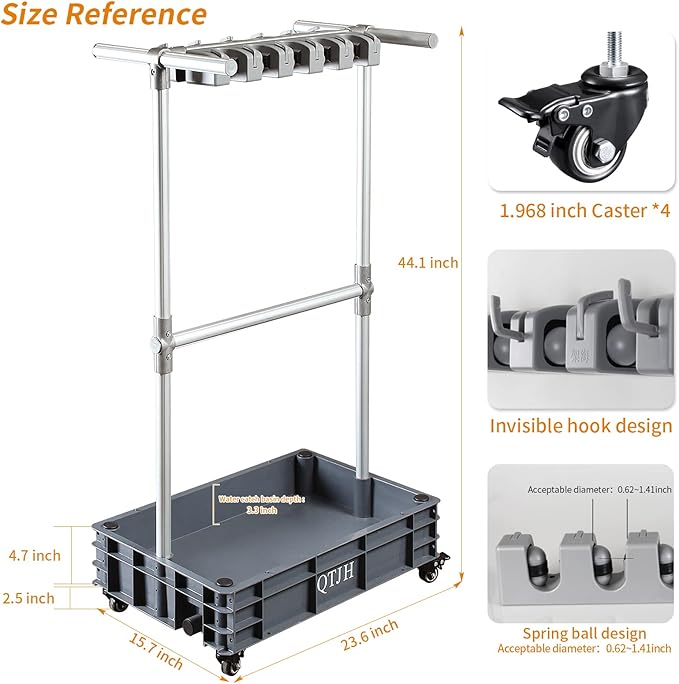 Broom mop holder cleaning supplies organizer janitorial carts on wheels housekeeping station storage tools for garage, garden, closet, cabinet.