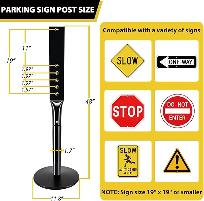 Parking Sign Stand with Base - 15 Lbs Cast Iron Parking Sign Post for Hanging Traffic Construction Street Warning Notice, Movable Black Heavy Duty Base Stand for Outdoor Use, 2 Pack