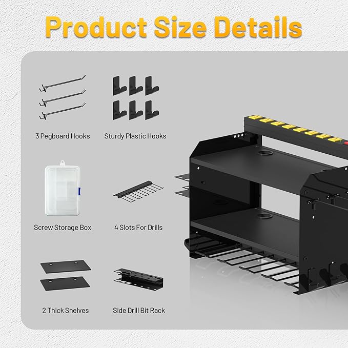 Heavy Duty Wall-Mounted Tool Organizer&Power Charging Station,Modular Garage Storage System with Cordless Drill Holder, Battery Racks,Shelves,Workshop Organizers with Electric Cord Management
