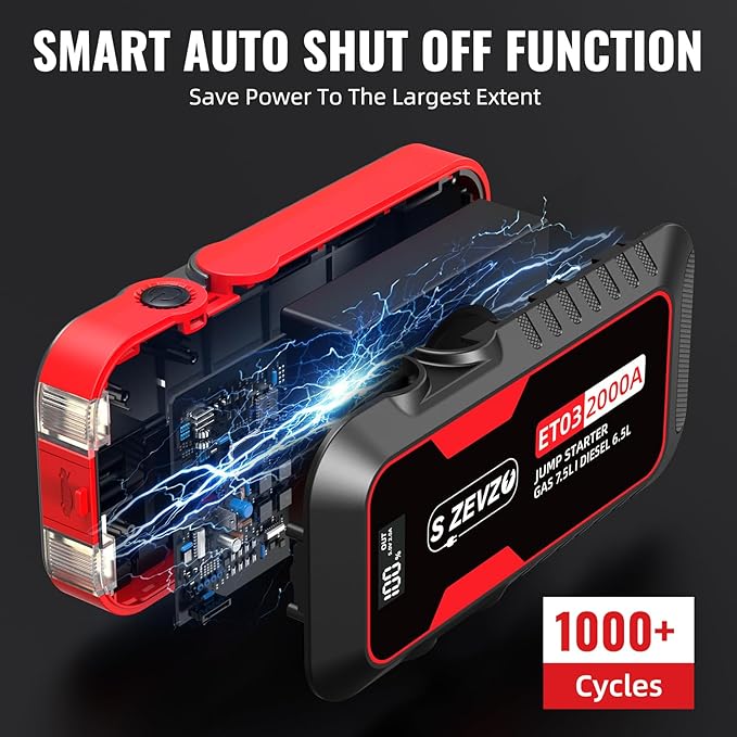 S ZEVZO ET03 Car Jump Starter 2000A Jump Starter Battery Pack for Up to 7.5L Gas and 6.5L Diesel Engines, 59.2Wh Portable 12V Jump Box with USB Ports, LCD Display, Storage Case, and LED Light