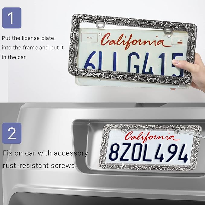 Valor Metal Car License Plate Frames,Antique Old Pattern Printing, Bling Crystal Rhinestones Inlaid,Universal 2 Holes Automotive Replacement Parts Plate Holder(2 Pack)