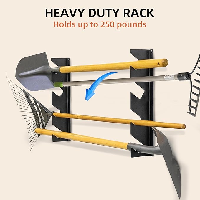 CZWL&HG Garage Tool Organizer Wall Mount – Heavy-Duty Solid Steel Rack for Shovels, Rakes, Long-Handled Tools – Horizontal Shed/Yard Storage Holds 250 lbs with Rustproof Mounts