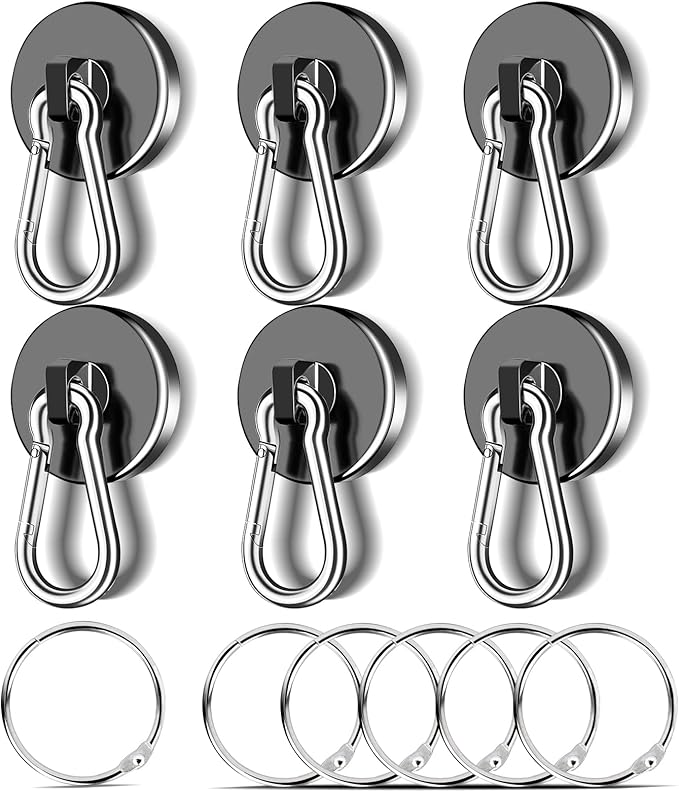 MIKEDE 6 Pack Strong Magnetic Hooks, 70LBS Pull Force Neodymium Magnetic Hooks Cruise Ship with Swivel Carabiner Hooks, Black Heavy Duty Magnets Hooks with Rings for Hanging, Grill, Refrigerator
