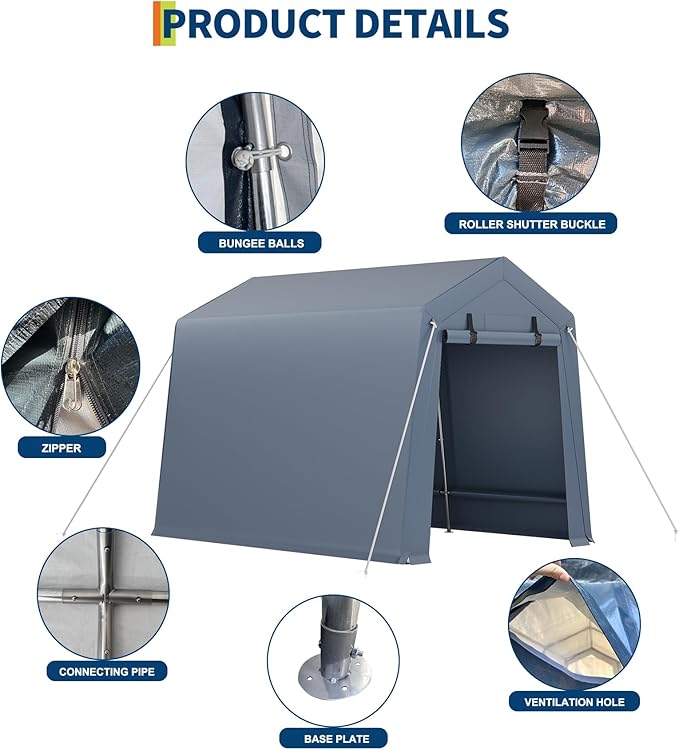 7*12F Outdoor Storage Shed with Floor, Heavy Duty Waterproof PE Tarp, Portable Metal Carport Garage Tent, 2 Roll-Up Doors & Vents, for Motorcycle and Bike Storage, Garden Tool Shed, Small Outdoor Shed
