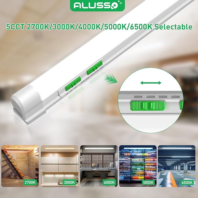 ALUSSO® 4FT LED Shop Lights with 5CCT Selectable for Garage Workshop,2700K/3000K/4000K/5000K/6500K,2100LM,T8 Adjustable Integrated Single Fixture,Corded Electric with ON/Off Switch,10 Pack (T8)