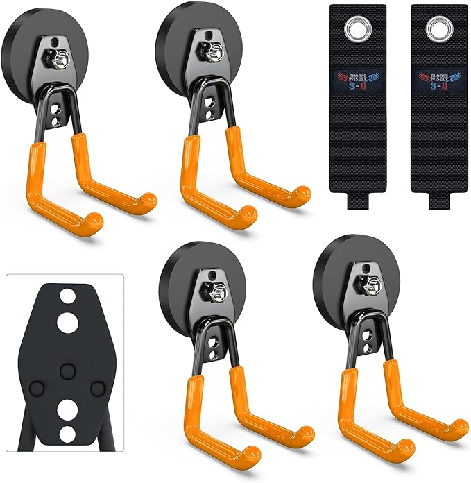 3-H Heavy Duty Magnet Garage Hooks 4 Pack, Large Strong Magnetic Hooks for Hanging Cordless Power Drill, Utility Magnetic Tool Holder for Metal Cabinet, Steel Pegboard, Toolbox, Garage(Orange)