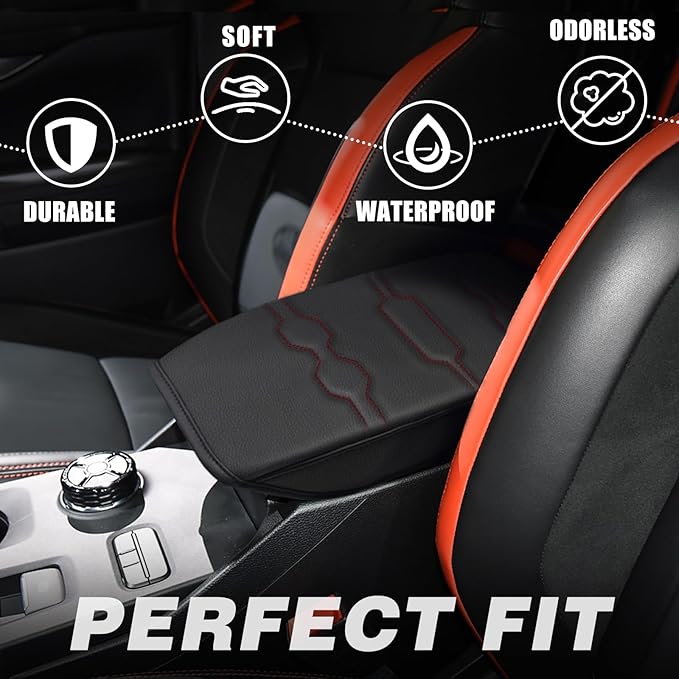 Muslogy Center Console Armrest Cover Compatible with Ford Ranger 2024 2025 Accessories Comfort Armrest Pad Cushion Box Lid Cover Vegan Leather Protector Regular Thick(Black/Orange Stitching)
