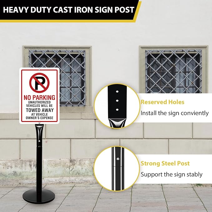 Parking Sign Stand with Base - 15 Lbs Cast Iron Parking Sign Post for Hanging Traffic Construction Street Warning Notice, Movable Black Heavy Duty Base Stand for Outdoor Use, 2 Pack
