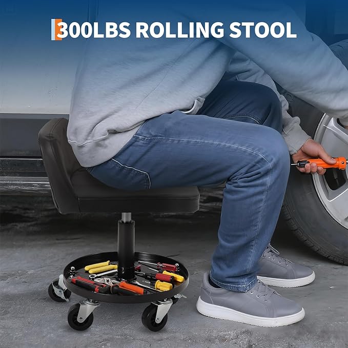 Garage Stool, 16”-21” Adjustable Rolling Mechanic Stool with Universal Wheels, Removable Magnetic Tool Tray, 300LBS Capacity, Roller Creeper Seat, Shop Chair