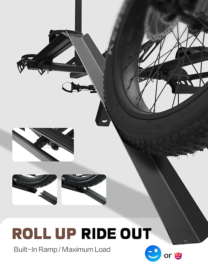 Young 250LBS. Capacity Foldable Aluminum 3-Ebike Rack with Ramp for Car SUV RV Truck Trailer and Van, Fits up to 5" Fat Tire Width and 50" Wheelbase, Ebike Carrier Rack for 2" Receiver
