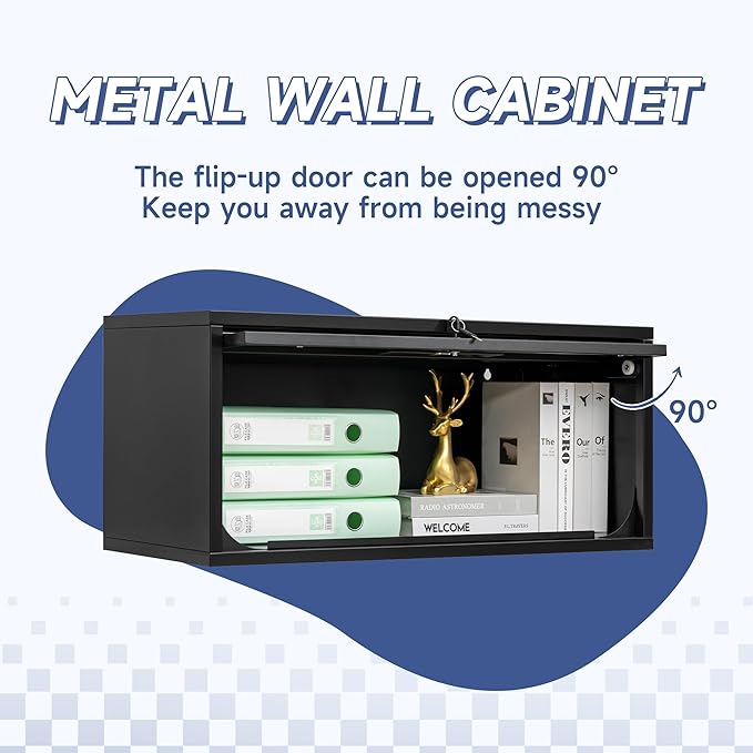 Metal Wall Storage Cabinet with Up-flip Door, Wall-Mounted Storage Cabinet for Garage, Warehouse, Home, Office, Assembly Required (Black, One Cabinet)