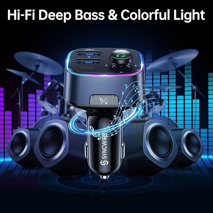 Syncwire Bluetooth 5.3 FM Transmitter Car Adapter 48W(PD 36W & 12W) [Light Switch] [Hi-Fi Deep Bass] [Fast Charging] Wireless Radio Music Adapter LED Display Hands-Free Calling Support USB Drive