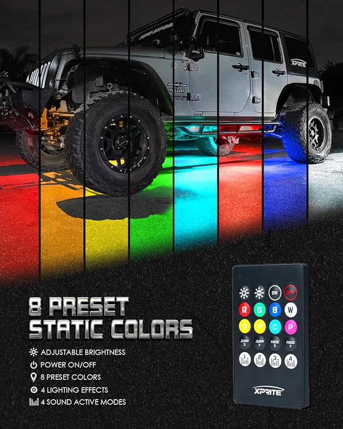 Xprite Car Underglow Neon Accent Strip Lights, 4 Pcs RGB 252 LEDs Underglow Kit with Sound Active Function Music Mode & Wireless Remote, Exterior Car Lights Underbody Lighting for Truck SUV Van