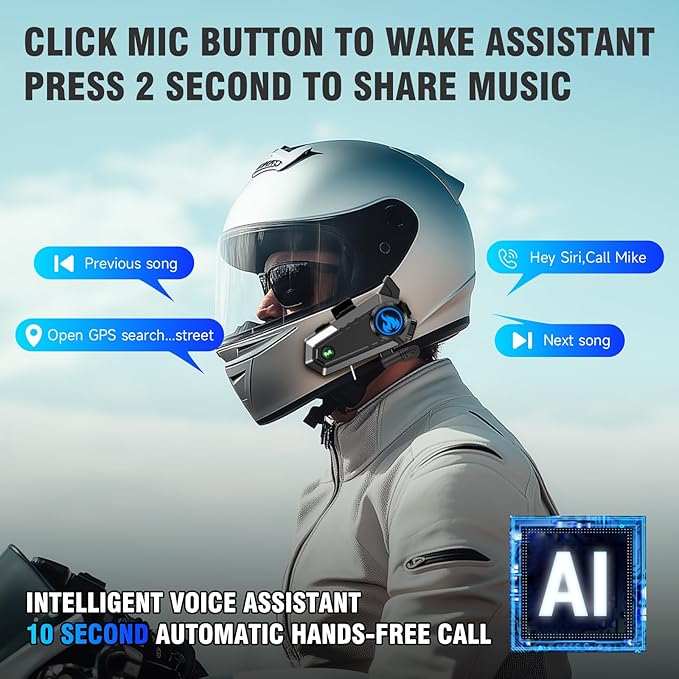 Motorcycle Helmet Bluetooth Headset, Bluetooth Motorcycle Helmet with 2 Type Mics, Intercom/Hands-Free Call/Music/Waterproof/Noise Cancellation/Wake Up Siri, Compatible with All Helmets